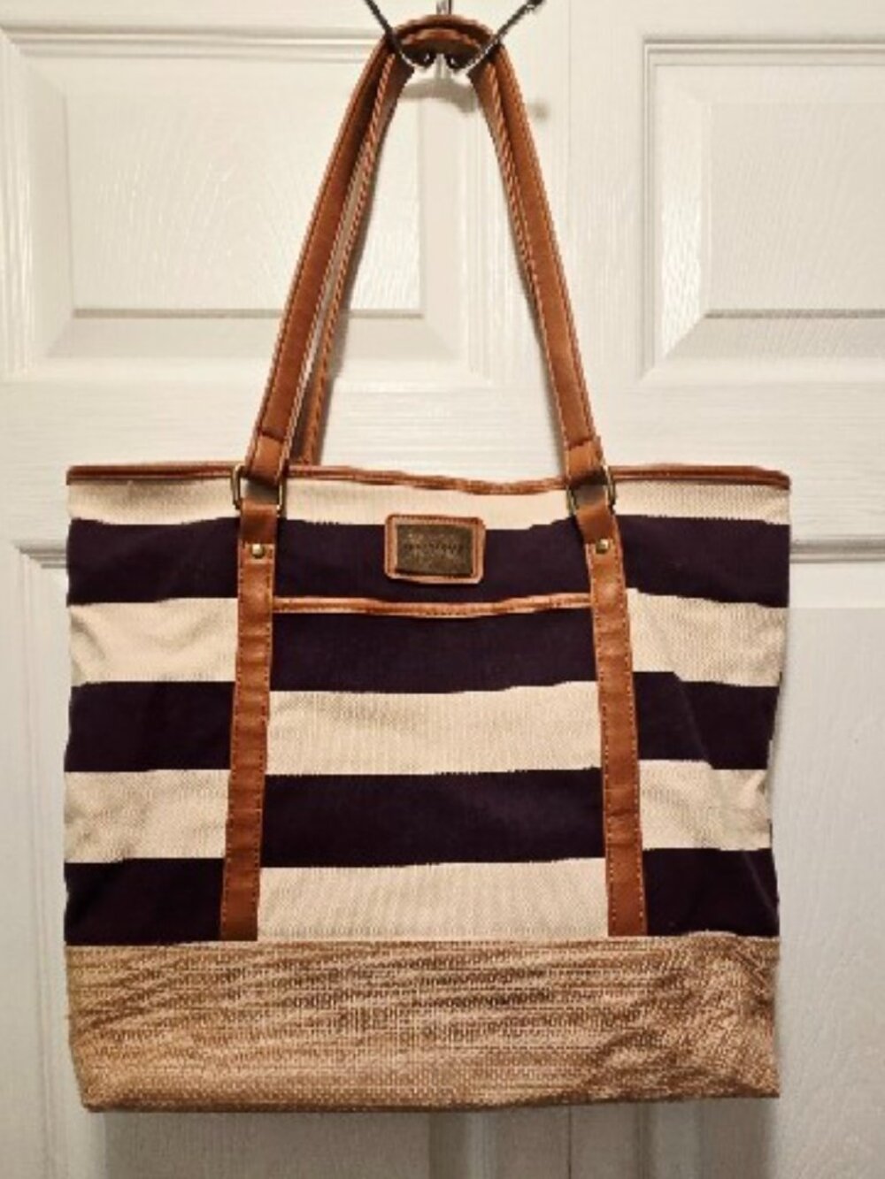 YOUNIQUE Striped Canvas Purple Cream Tan Faux Leather Tote Bag - Size Large